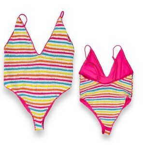 Lovers + Friends Womens Crochet Multicolor Stripe One Piece Swimsuit Small S